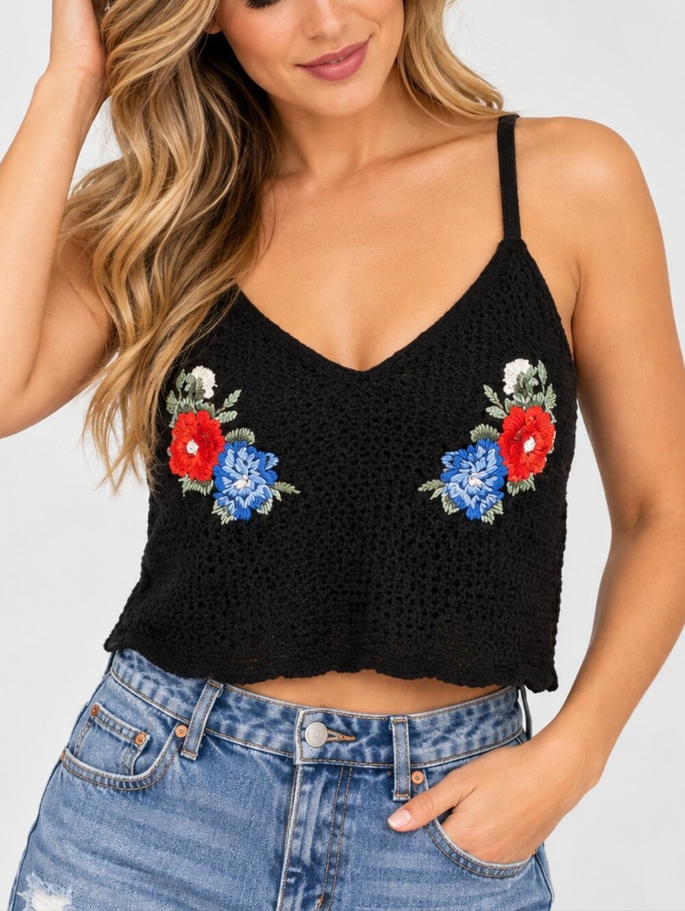 AEO | Women’s Black Crochet-Knit Floral Embroidered Cropped Tank Top Size XL